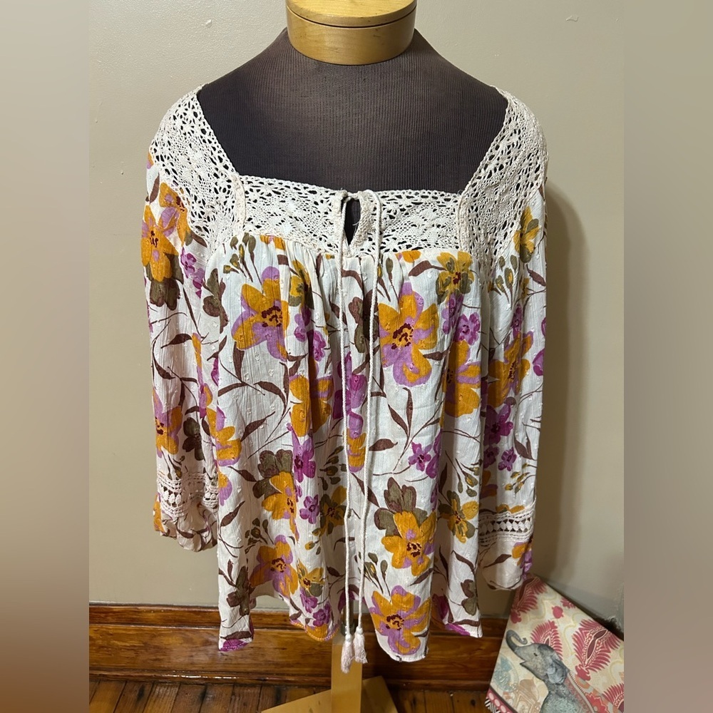 Angie Floral Peasant Top Plus Size 2X Ballon Sleeve Crochet Detail